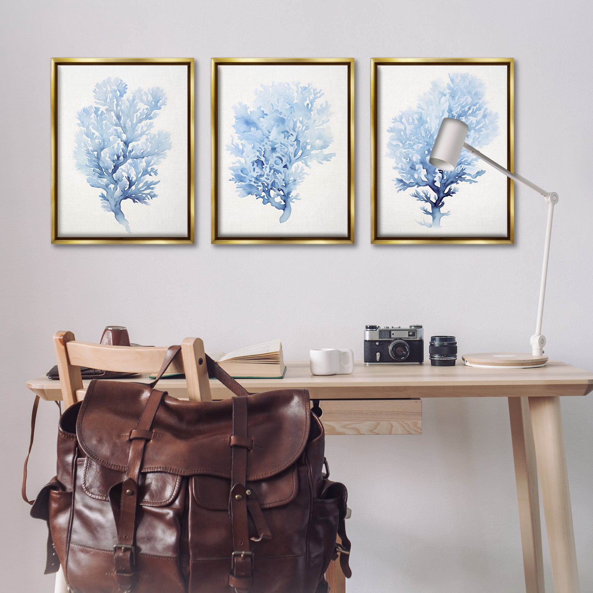 Stupell Industries Indigo Coral Watercolors Nautical & Beach Painting Gold Floater Framed Canvas Art Print Wall Art, 21 x 31, Set of 3