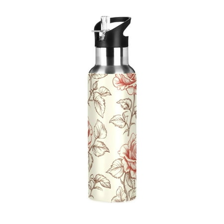 

ALAZA Roses Retro Flower Water Bottle Insulated Flask Stainless Steel Straw Lid 20 oz