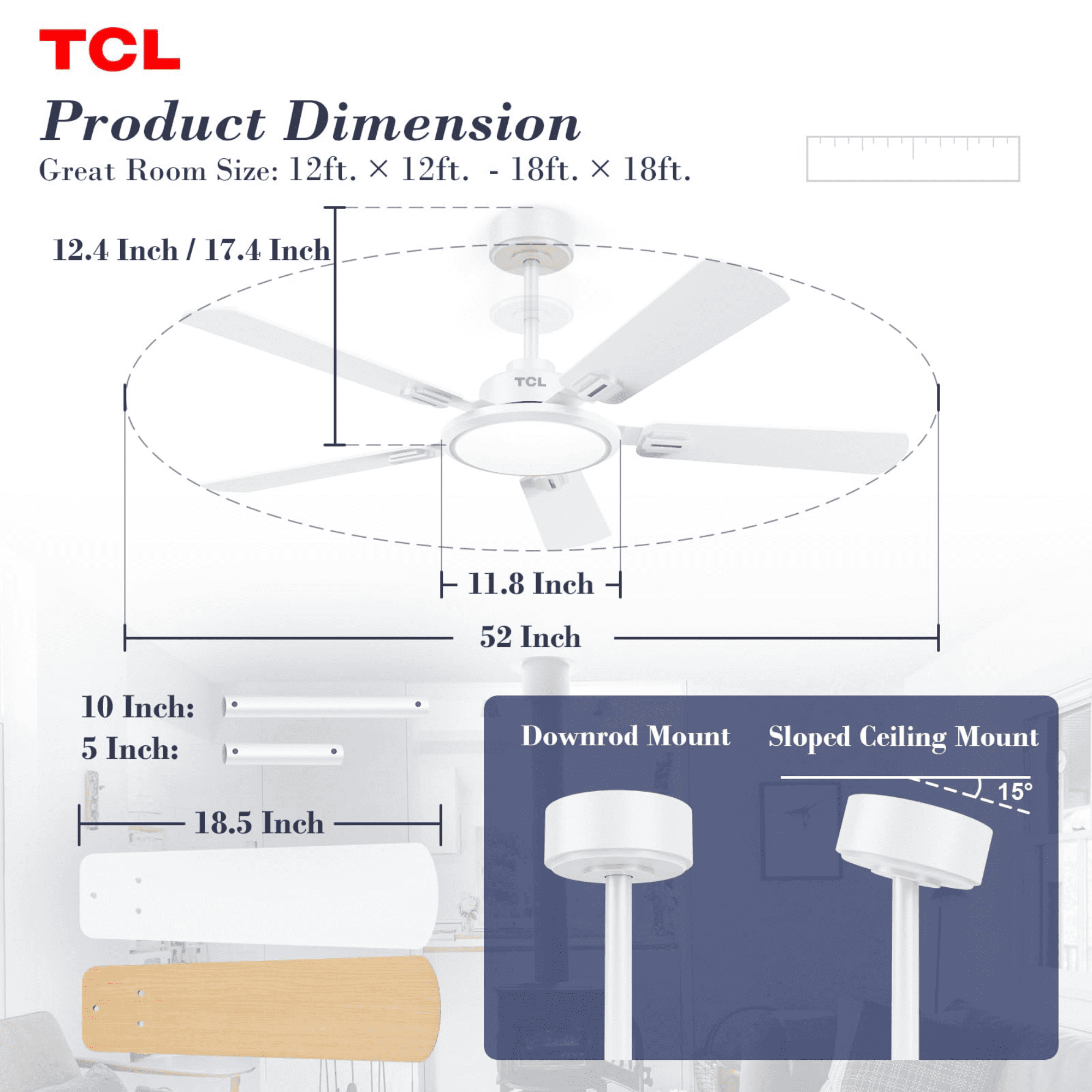 TCL Ceiling Fans with Lights, 52 Inch Ceiling Fan with Light and Remote Control, Reversible DC Motor, Noiseless, Dimmable 36W LED, Modern Ceiling Fan for Bedroom Living Room