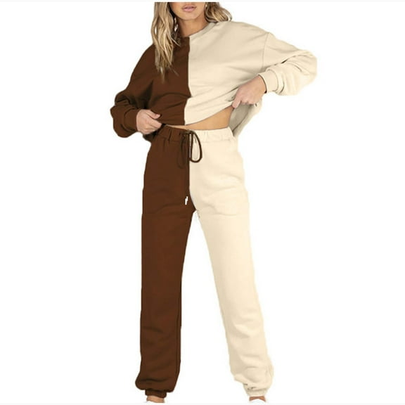 Elainilye Fashion Women's 2 Piece Outfits Fall Tracksuit Long Sleeve Round-Neck Sweatshirts Elastic Waist Tie Pants Set,Brown