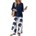 thumbnail image 3 of Bold Monochrome Floral Print Two Piece Set for Women, 3/4 Sleeve Button Down Top & Wide Leg Pants - Casual Lounge Outfit with Geometric Hem Trousers White XXL, 3 of 7