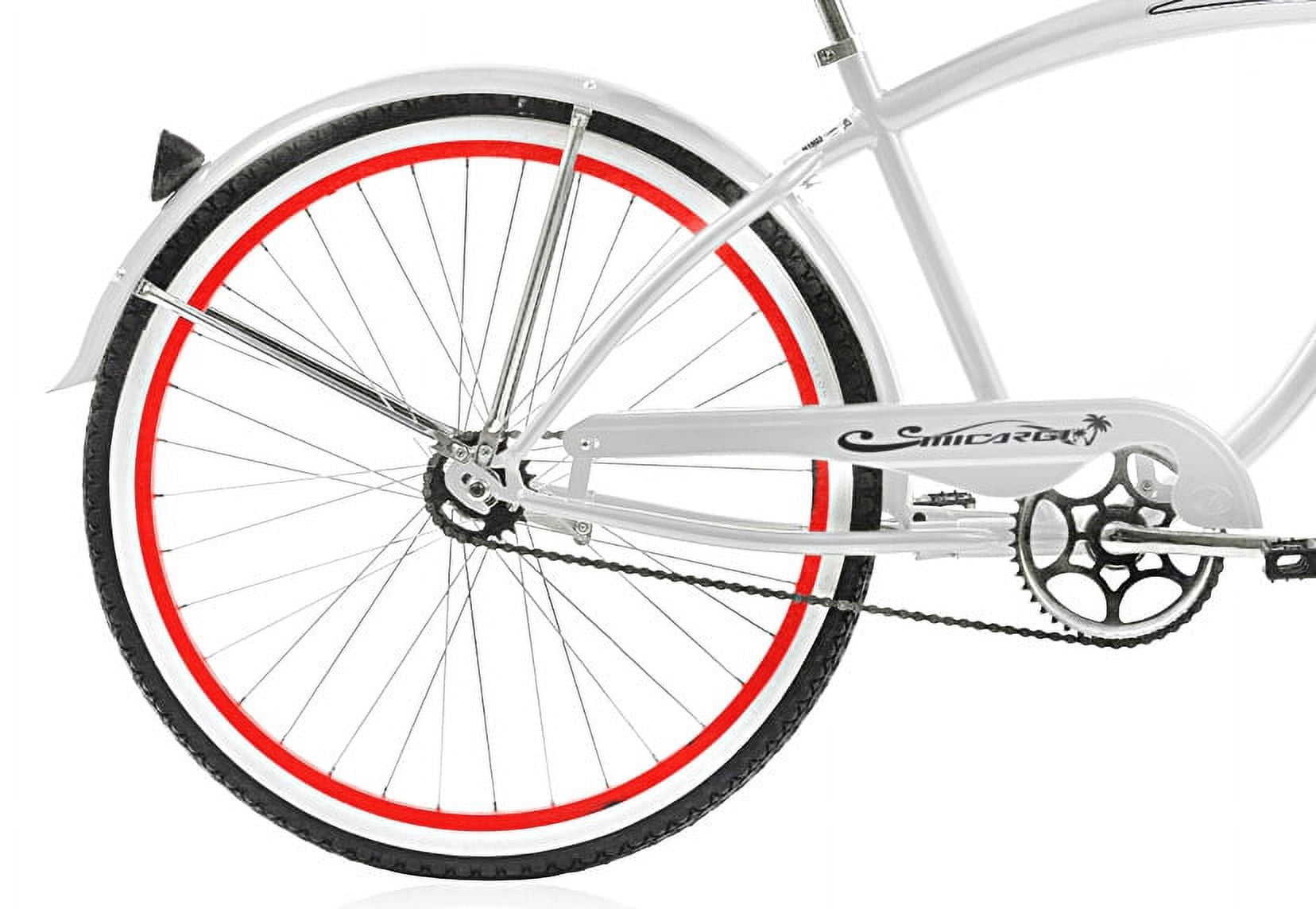 Wonder Wheels 26 In. Beach Cruiser Coaster Brake Single Speed Bicycle, Bike, Stainless Steel Spokes One Piece Crank Alloy Red Rims 36 H With Fenders - White/ Red Rim