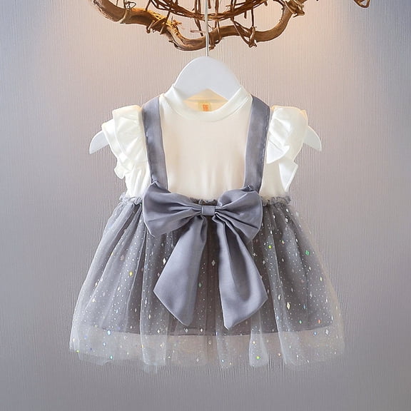 ZHOGXU Toddler Kids Girls Summer Dress Flying Sleeve Round Neck Bow Design Sequins Comfortable Fashion Mesh Dresses For Casual Daily Wear,Grey,18-24 Months