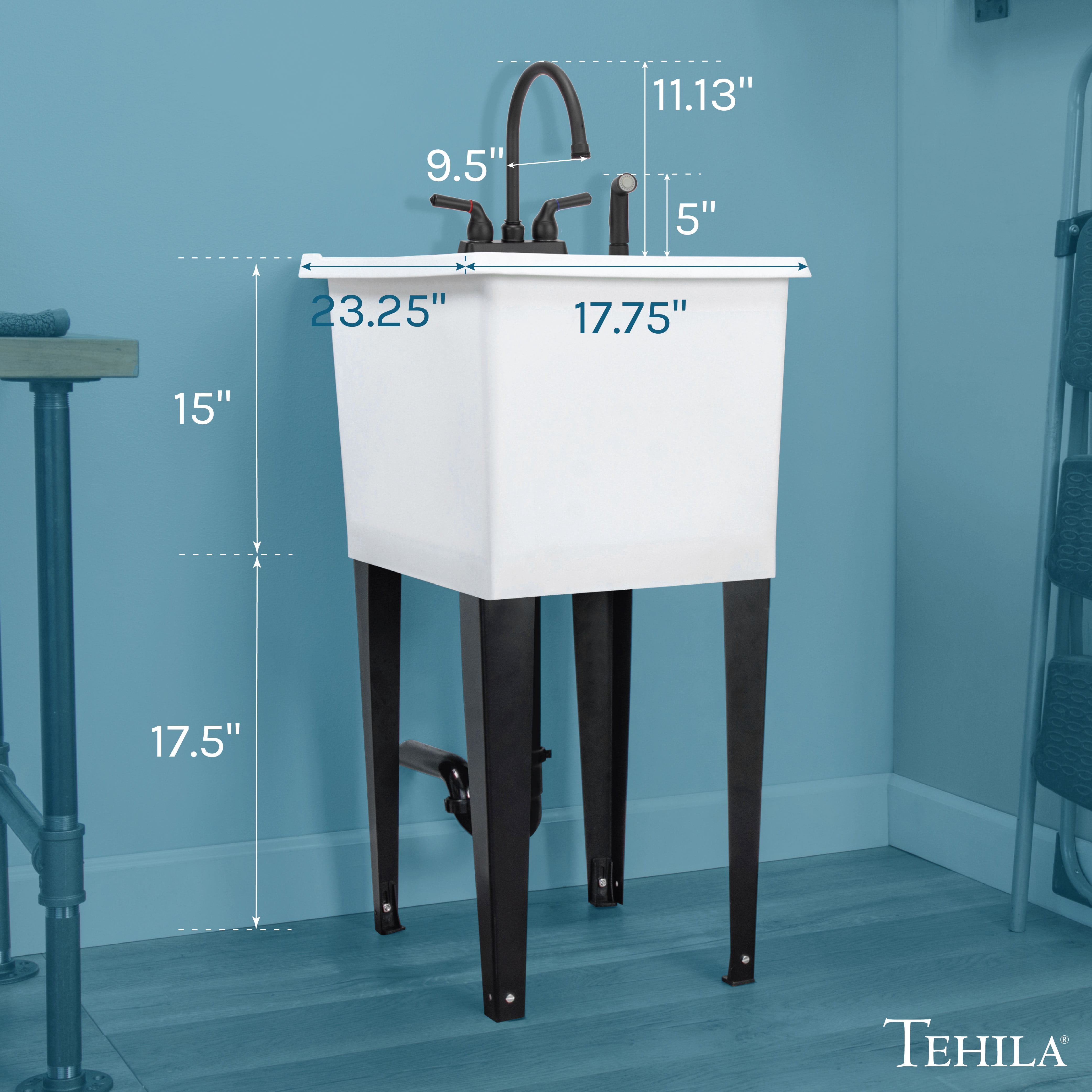 TEHILA Space Saver 16 Gallon White Utility Sink with Black Faucet & Side-Sprayer