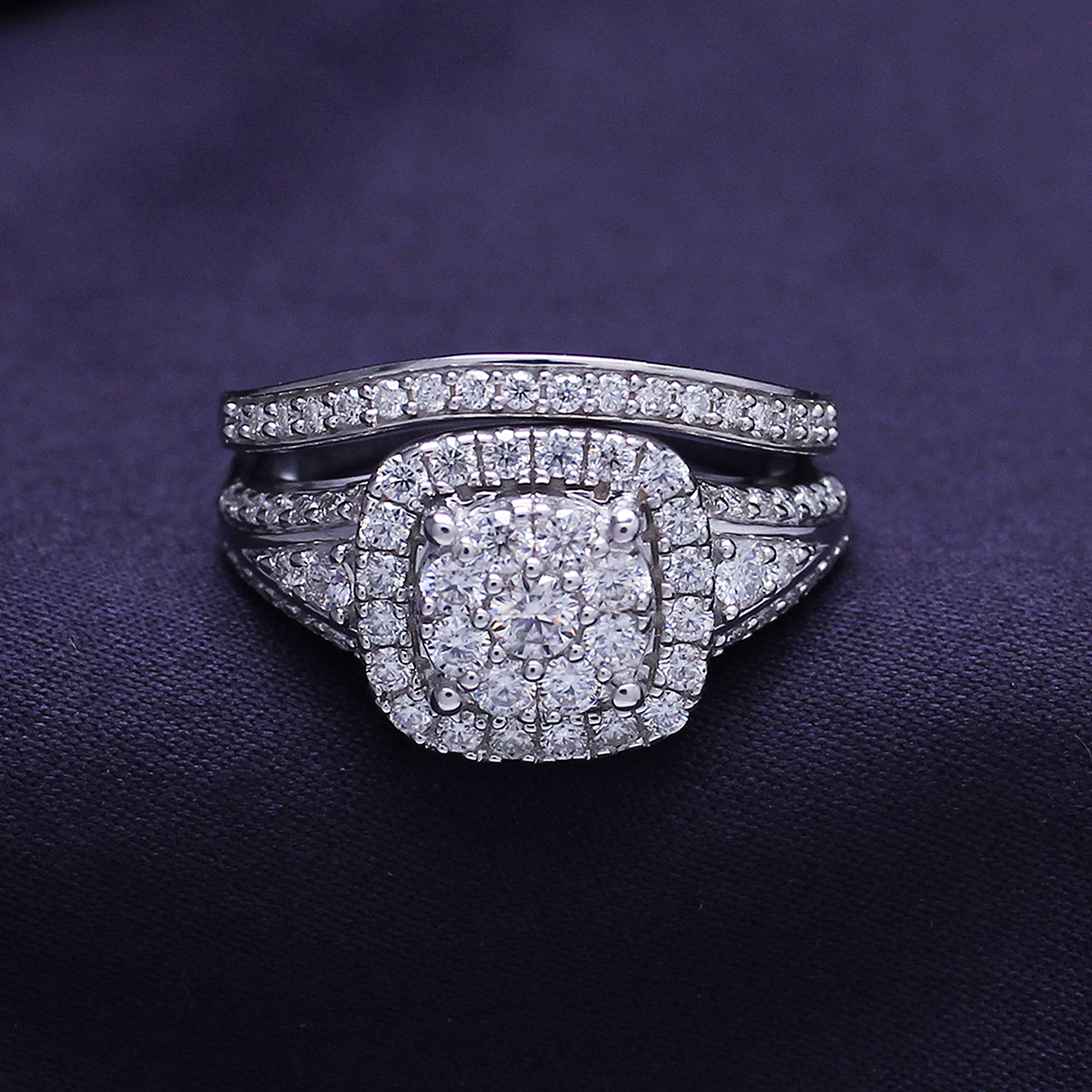 AFFY 1.25 Carat Round Moissanite Diamond Halo Bridal Set Wedding Ring 14k White Gold over Silver-7