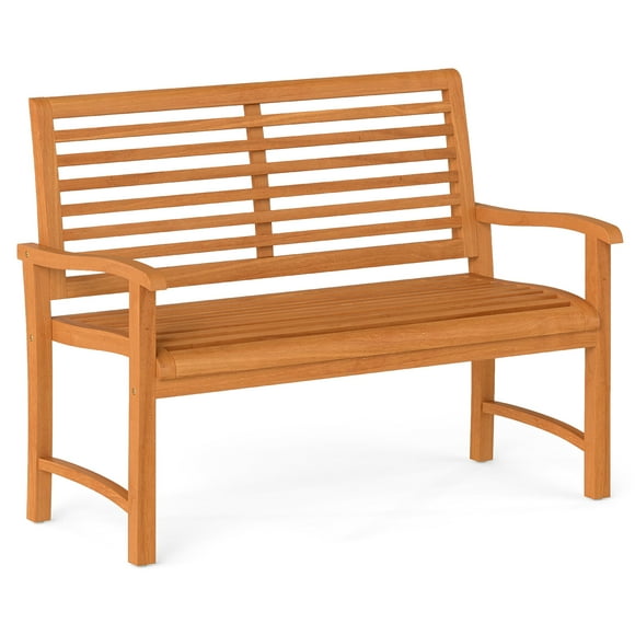 Gymax Teak Wood Outdoor Garden Bench w/800 lbs Capacity Slatted Backrest Seat Armrests
