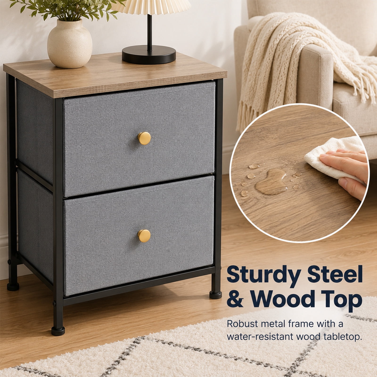 Alvantor Nightstand with 2 Storage Drawers, Small Bedside Table, Small Dresser with Sturdy Wooden Top for Daily Essentials, Compact Nightstand for Bedroom and Small Spaces