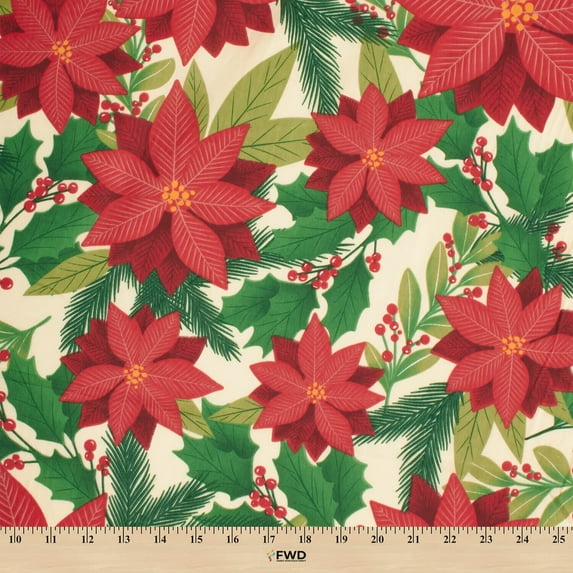 Holiday Floral Print Broadcloth Fabric - Ivory Multi-Color Polyester Cotton 58/60" By The Yard