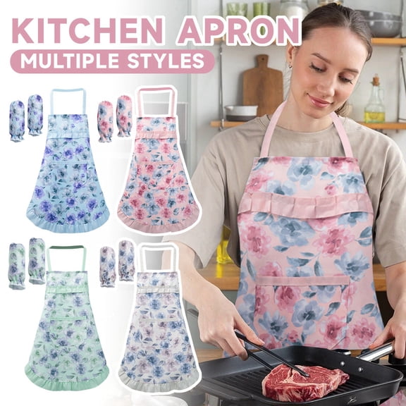 Kitchen Apron for Women Floral Bib Apron with Pockets and Matching Arm Sleeves 27x30 Inch Polyester Chef Apron for Cooking Baking & Grilling