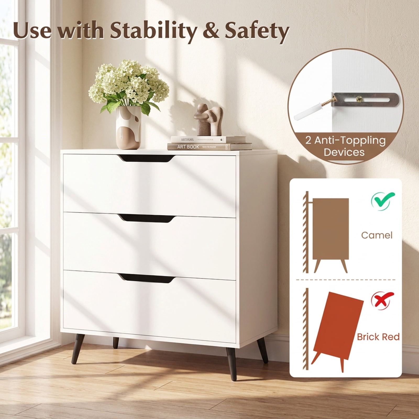 Furnibear 3-Drawer Rustic Farmhouse Wooden Storage Dresser for Bedroom Closet Living Room Nursery Clothes Storage, White