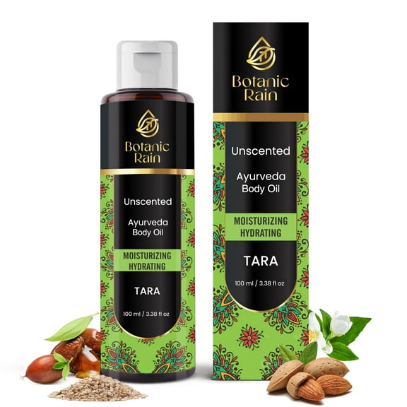 Botanic Rain Ayurveda Body Oil Unscented, Natural Body Oil After Shower, Moisturizing & Hydrating Organic Vitamin E Oil For Women And Men, Ayurveda Products For Crepey Skin - 3.38 Fl Oz