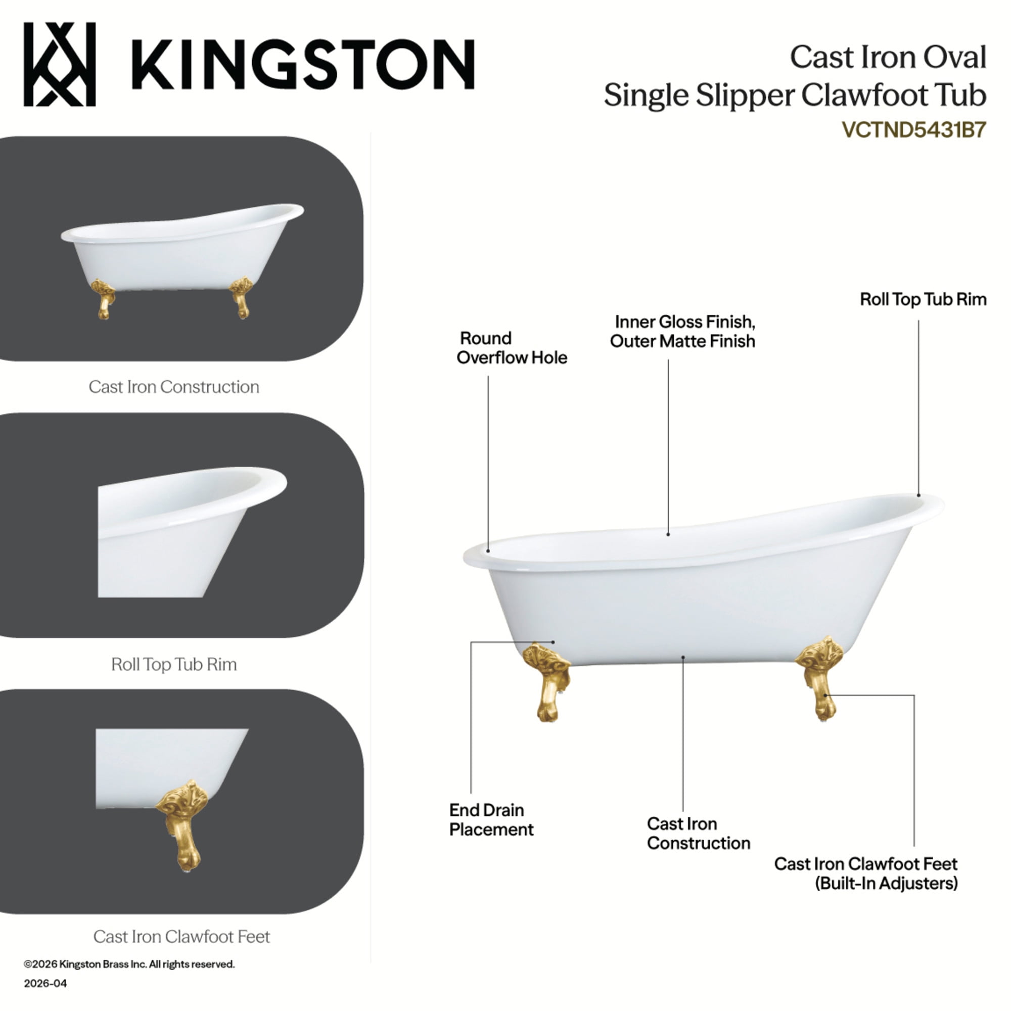 Aqua Eden VCTND5431B7 54-Inch Cast Iron Oval Single Slipper Clawfoot Tub (No Faucet Drillings) in White/Brushed Brass