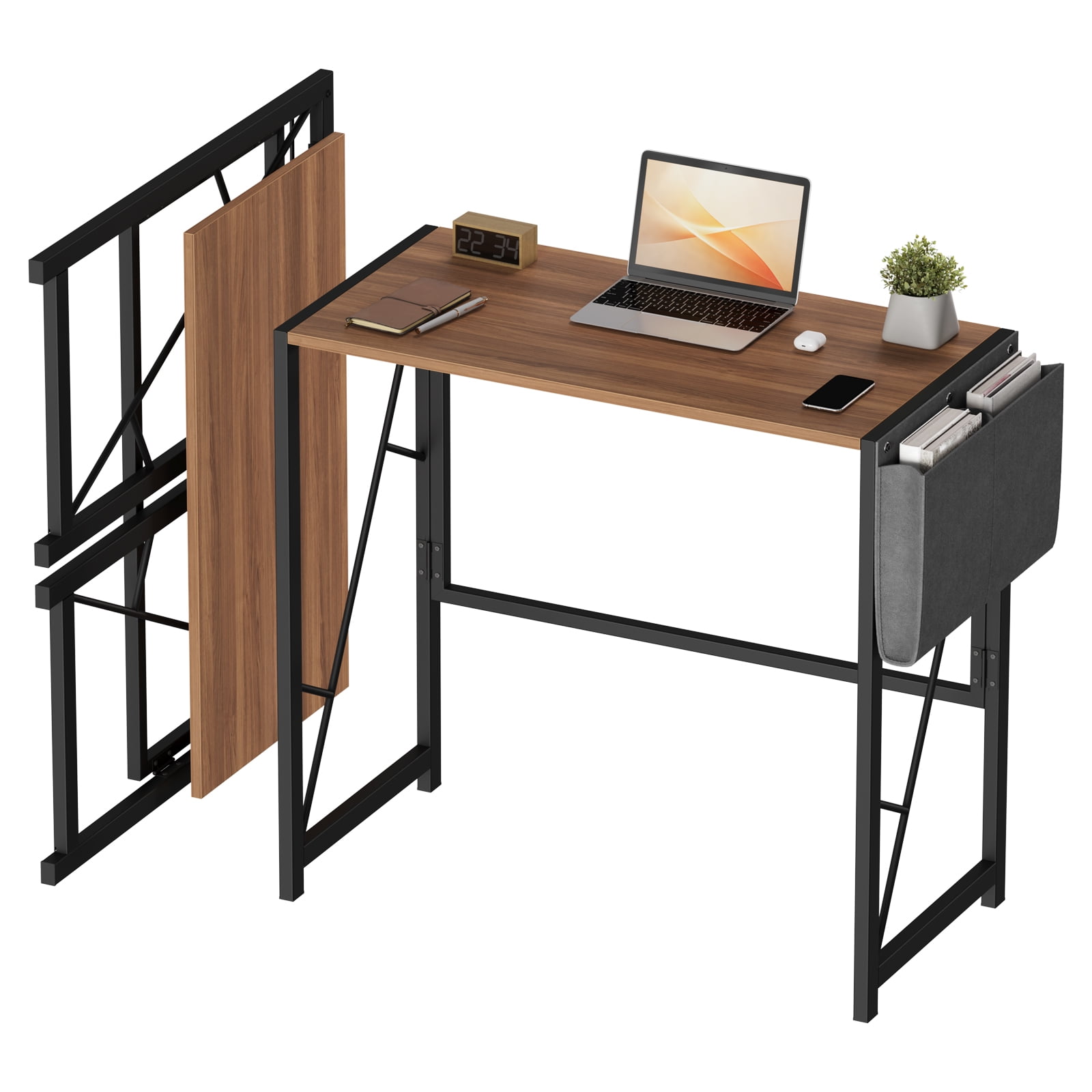 Garvee 31.5'' Folding Computer Desk, with Storage Bag & Hook, Study Writing Desk for Home Office, Brown
