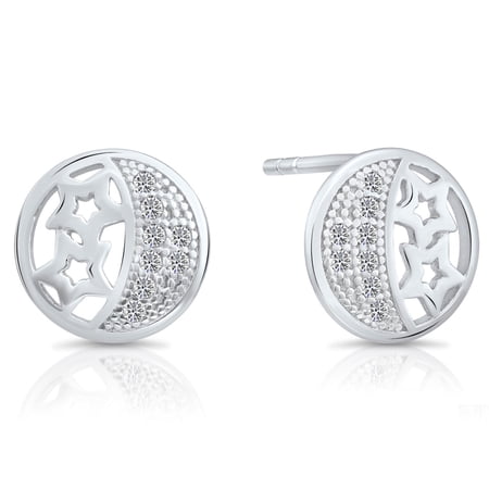 Tilo Jewelry 925 Sterling Silver Star & Crescent Moon Stud Earrings with Cubic Zirconia CZ Stones | Secure Push-Backs | Women, Men, Unisex