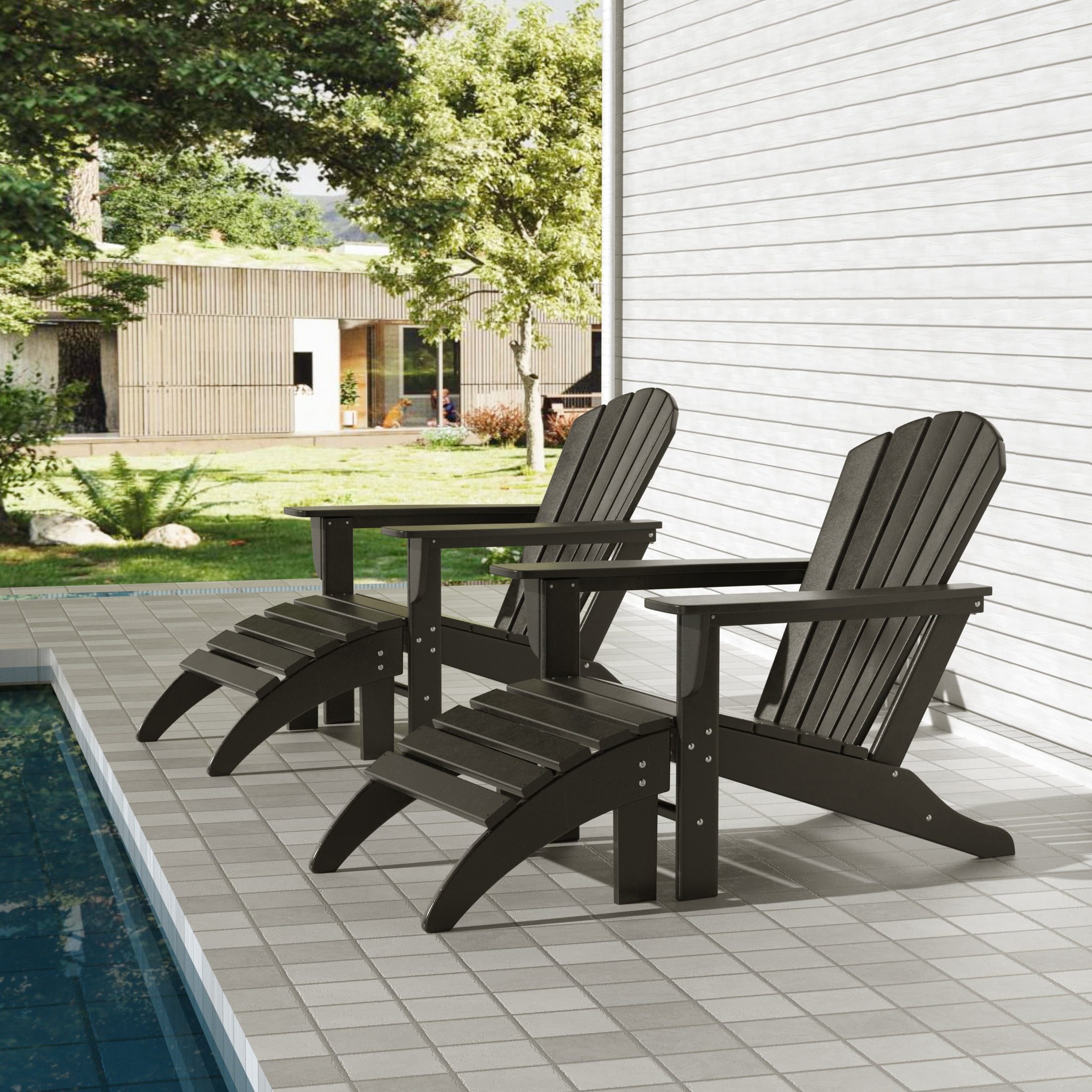 Westin Outdoor HDPE Plastic 4 PC Adirondack Fire Pit Chairs with Ottomans  - Black (Set of 4)