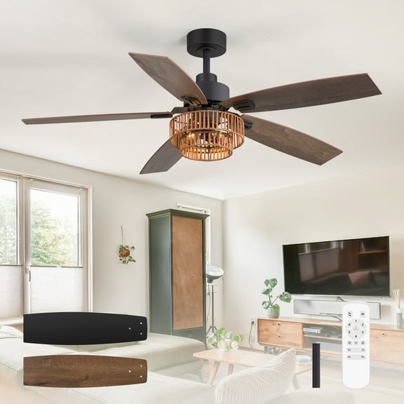 ALKAFY 52 inch Black Industrial Farmhouse Ceiling Fan - Woven Rattan Light & Remote for Large Indoor Rooms