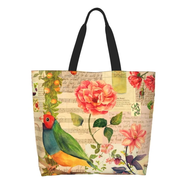 Balery Vintage Bird Bolsa Tote Estilo Estético con Cremalleras, Bolsa de Hombro, Bolsa de Compras Grande y Plegable