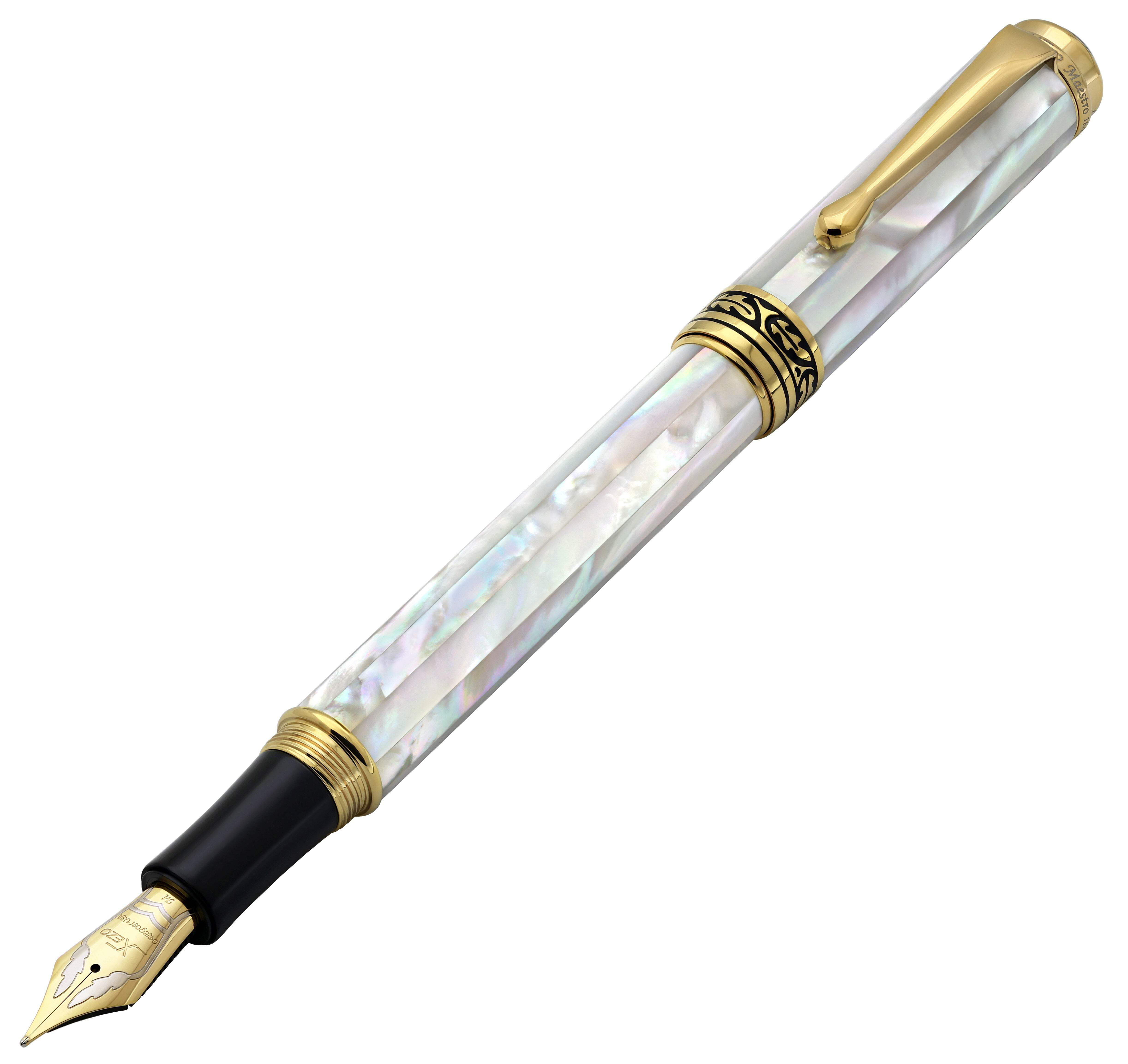 Xezo Xezo Maestro® 18K Gold Plated Fountain Pen (Medium-Fine 0.45 mm Nib) - Oceanic White Mother of Pearl