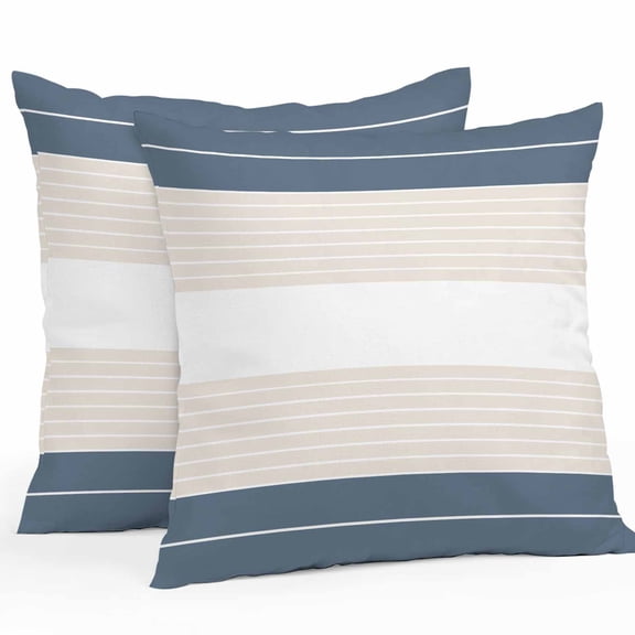 Waterproof Throw Pillow Covers Set of 2, 16x16 Inch Haze Blue Beige Stripe Decorative Pillowcases Outdoor Pillow Slip Cushion Covers Set for Couch Tent Modern Art Horizontal Striped