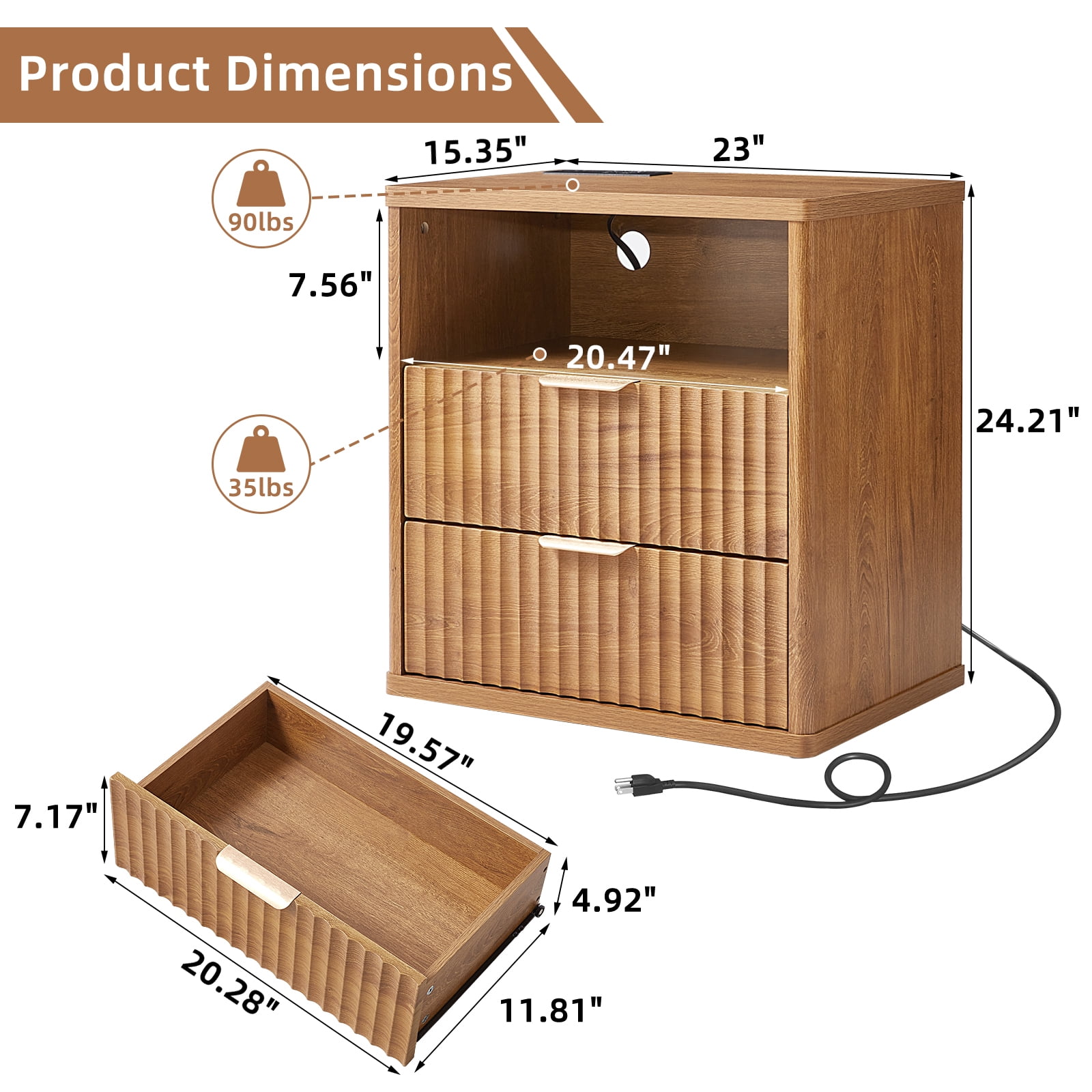 LEYAOYAO Fluted Nightstand with Charging Station, Modern End Table with with Open Shelf and 2 Storage Drawers for Bedroom, Brown