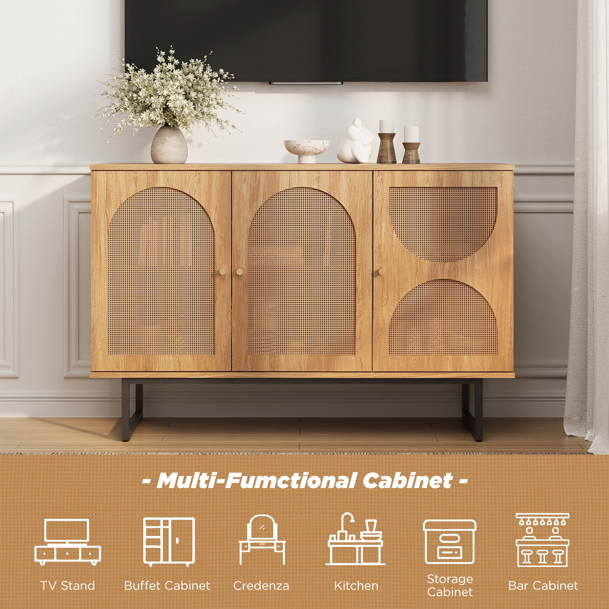 Sideboard Buffet Cabinet with 3 Rattan Doors, 47.2” Kitchen Storage Cabinet with Adjustable Shelf and Metal Legs for Dining Living Room, Hallway, Entryway, Beige