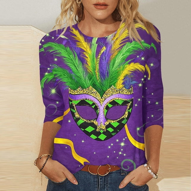 UPPADA Femmes T-Shirts à Manches 3/4 Mardi Gras Yall T-Shirts à Imprimé Floral Col Ras du Cou Blouse à devant Plissé Hauts d'Été Décontractés Chandail à Enfiler Haut Mode Fête Défilé Hauts Femmes Hauts à Manches 3/4 Économie