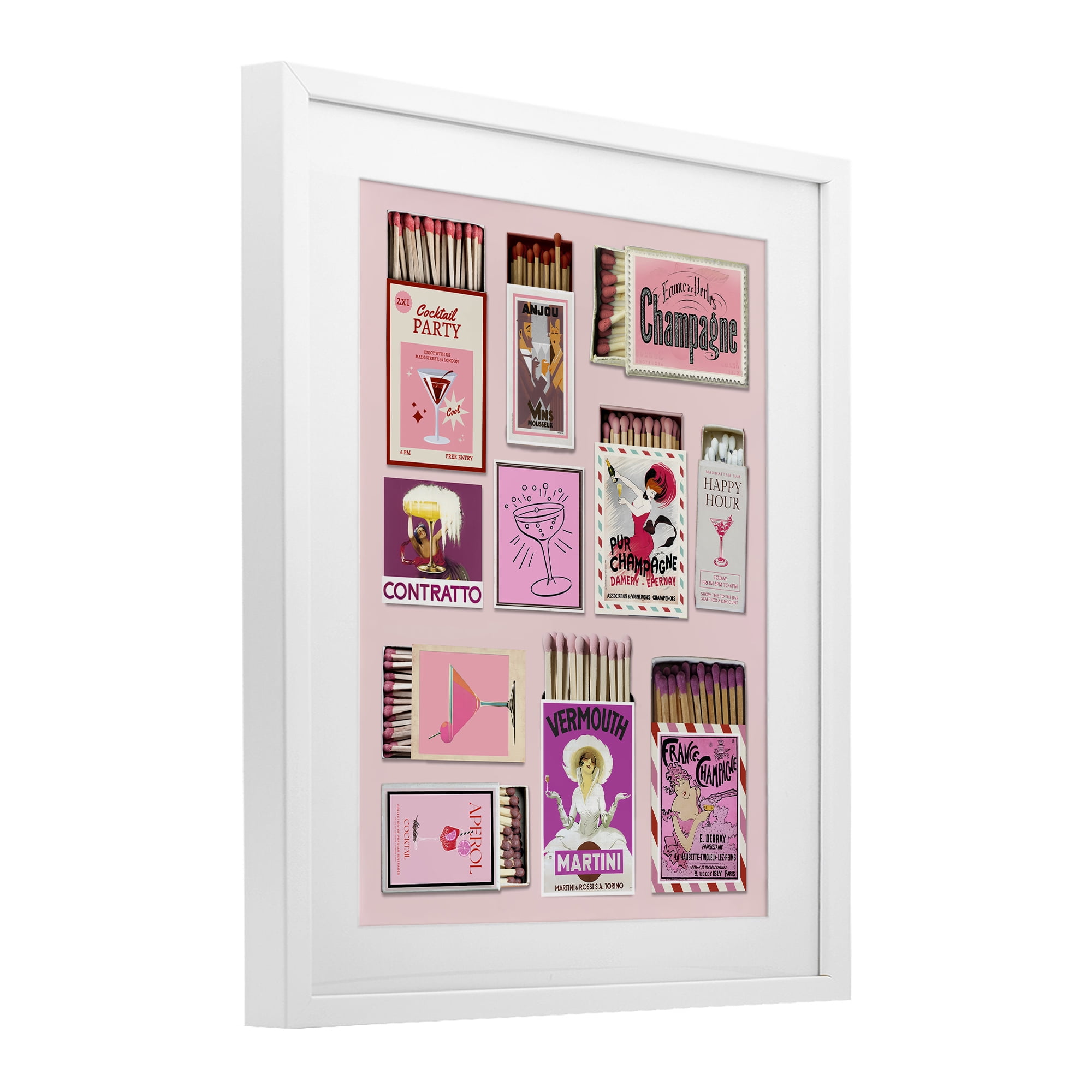 Stupell Industries Champagne & Cocktail Matchboxes White Framed Print Under Glass, design by CAD Designs