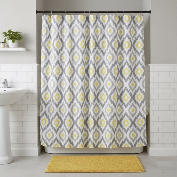 Serafina Home Modern Grey Yellow And White Geometric Shower Curtain for Bathroom 70" x 72"