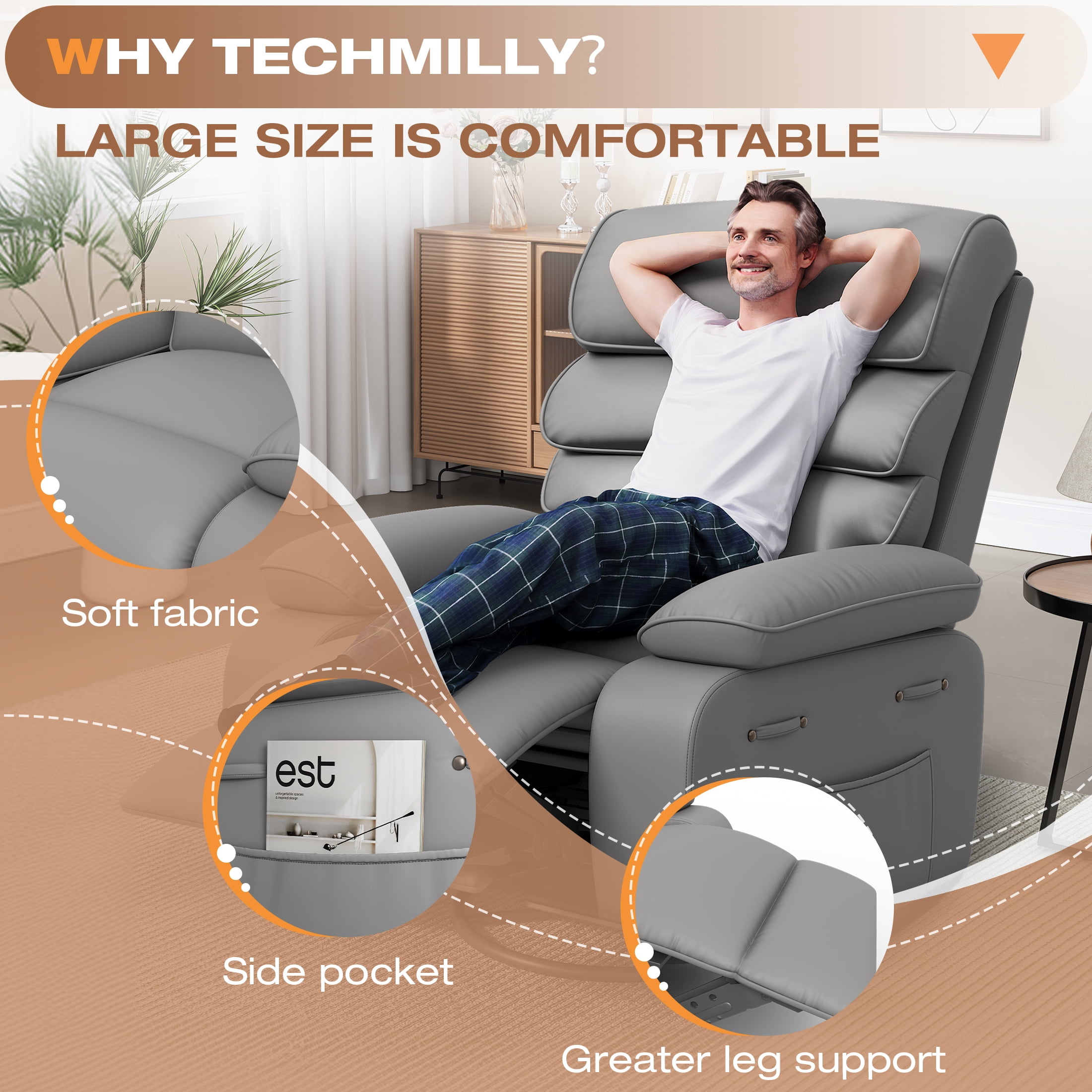 Techmilly Oversized Swivel Rocker  Recliner Chair with Heat and Massage, Adjustable Recline for Living Room,PU Leather (Light Grey 35" Seat Width)