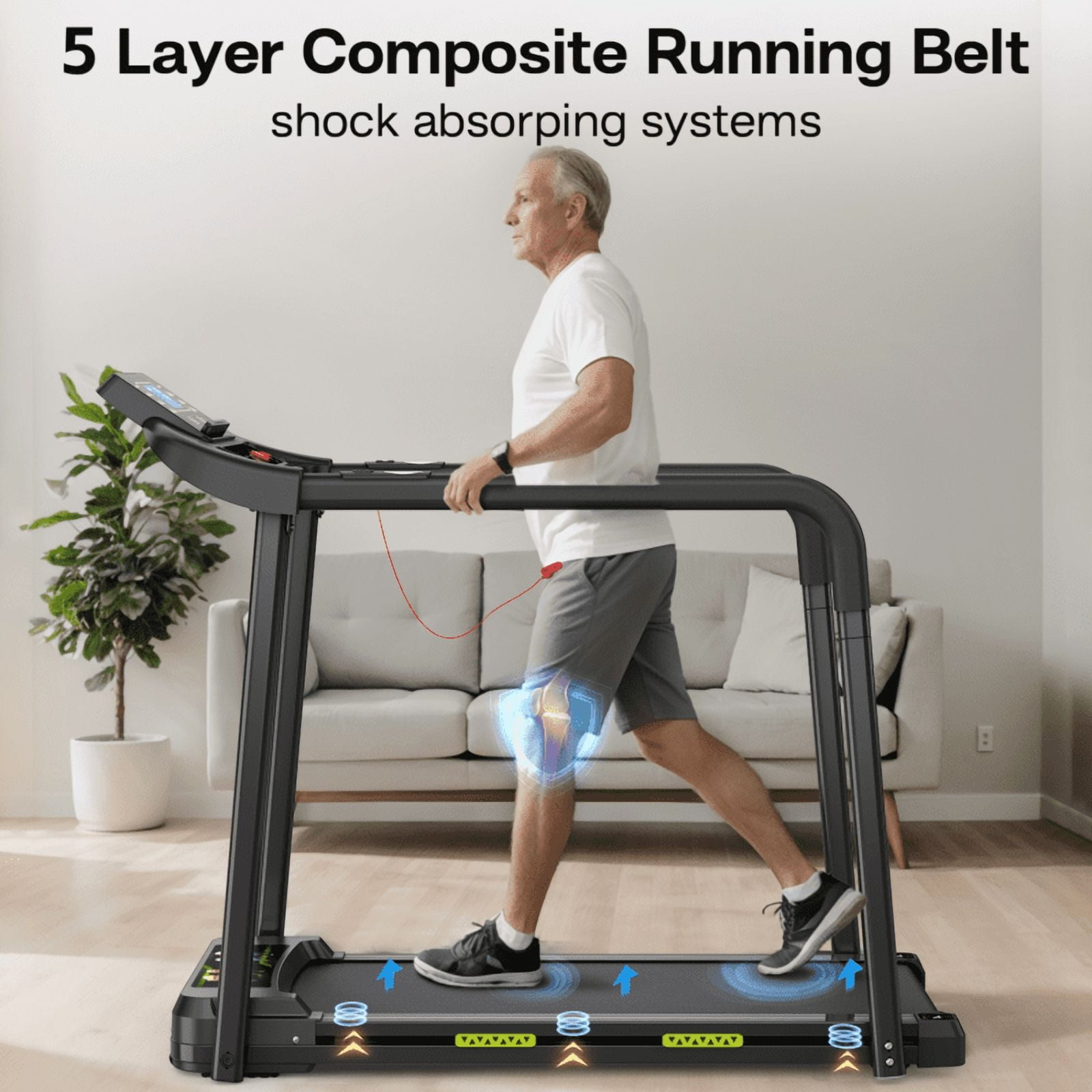 Dcskyn Walking Pad Treadmill for Home Use Foldable Walking Machine with Long Handrail LED Display 300 LBS Capacity Safe Design for Seniors