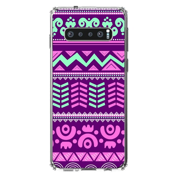 DistinctInk Clear Shockproof Hybrid Case for Samsung Galaxy S10 (6.1" Screen) - TPU Bumper, Acrylic Back, Tempered Glass Screen Protector - Pink Green Aztec Tribal