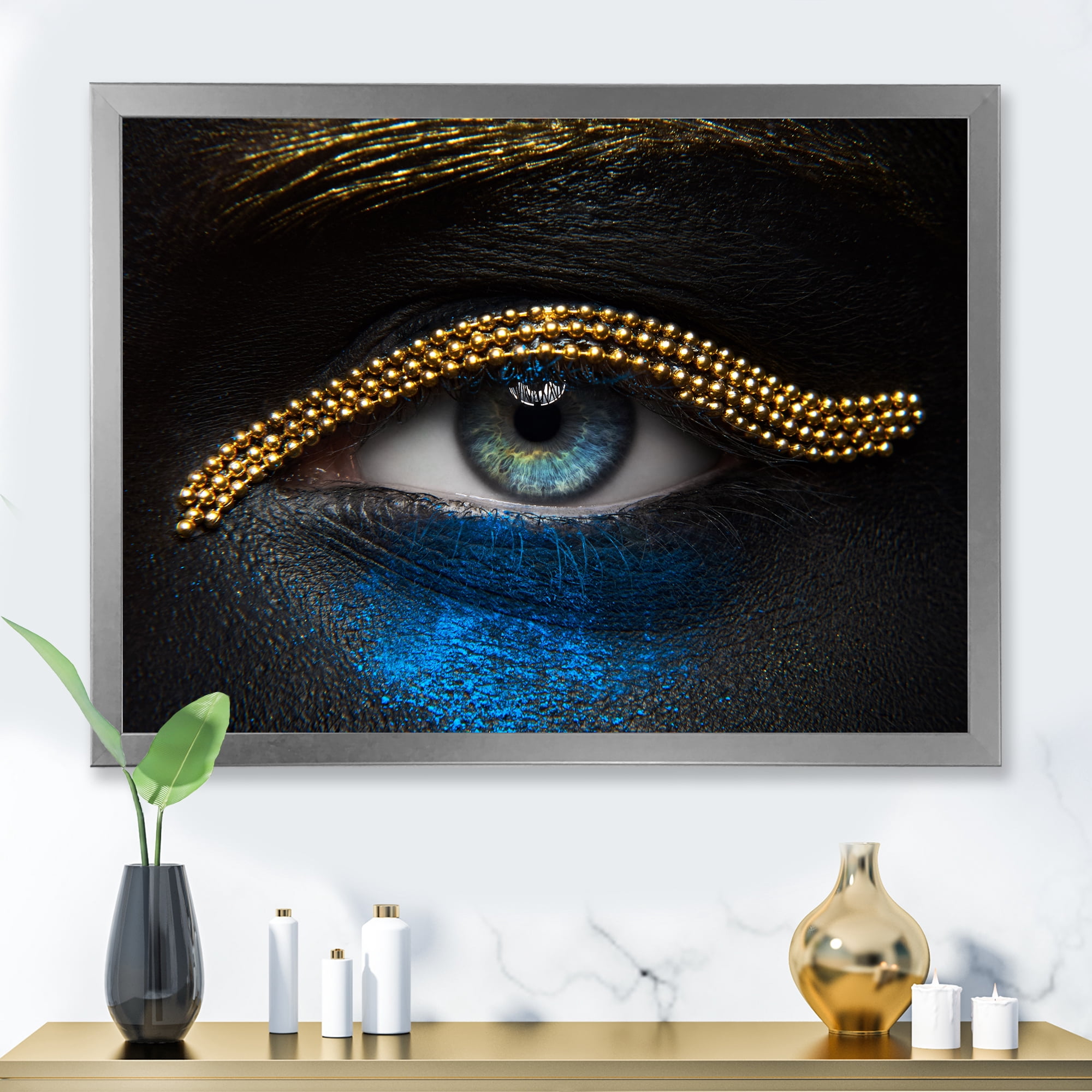 Designart 'Girl Eyes With Gold Chain and Blue Pigment' Modern Framed Art Print