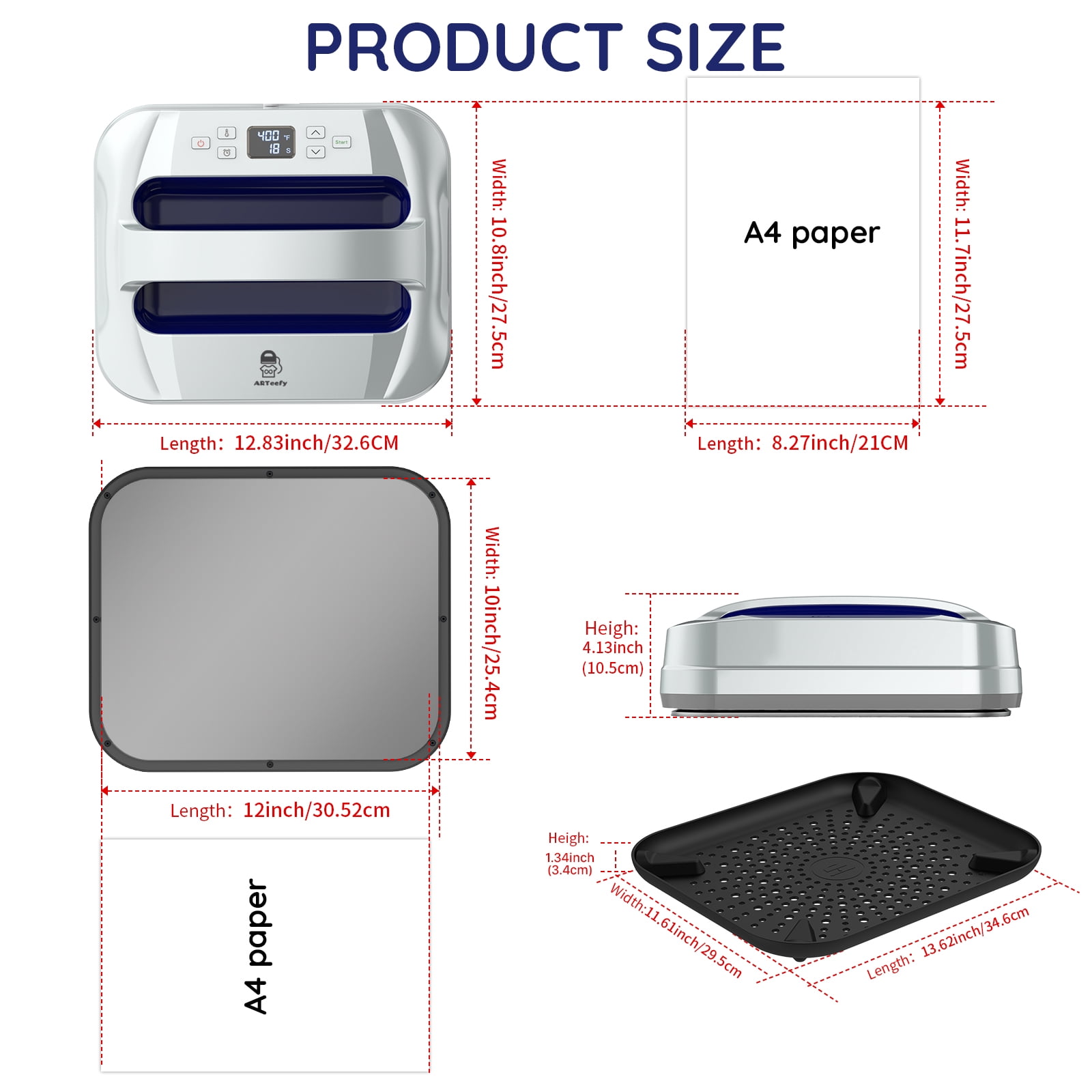 ARTeefy HP3 12" x 10" Portable Heat Press Machine for T-Shirts, Sublimation and HTV Vinyl, Silver Navy