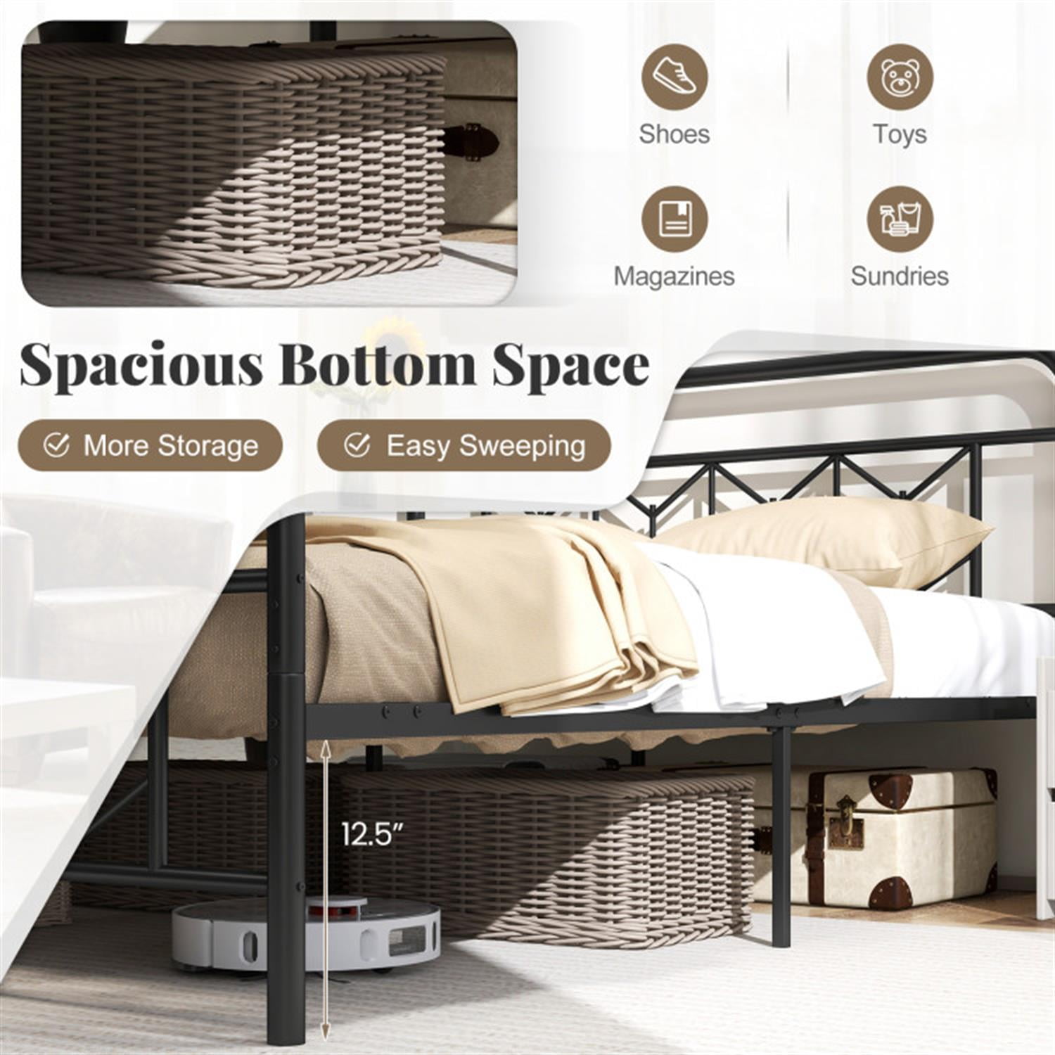 Demi Bonn Queen Size Bed Frame with High Headboard and Snap Lock Metal Slats, Platform Bed Frame with Under Bed Storage, No Box Spring Needed, Black