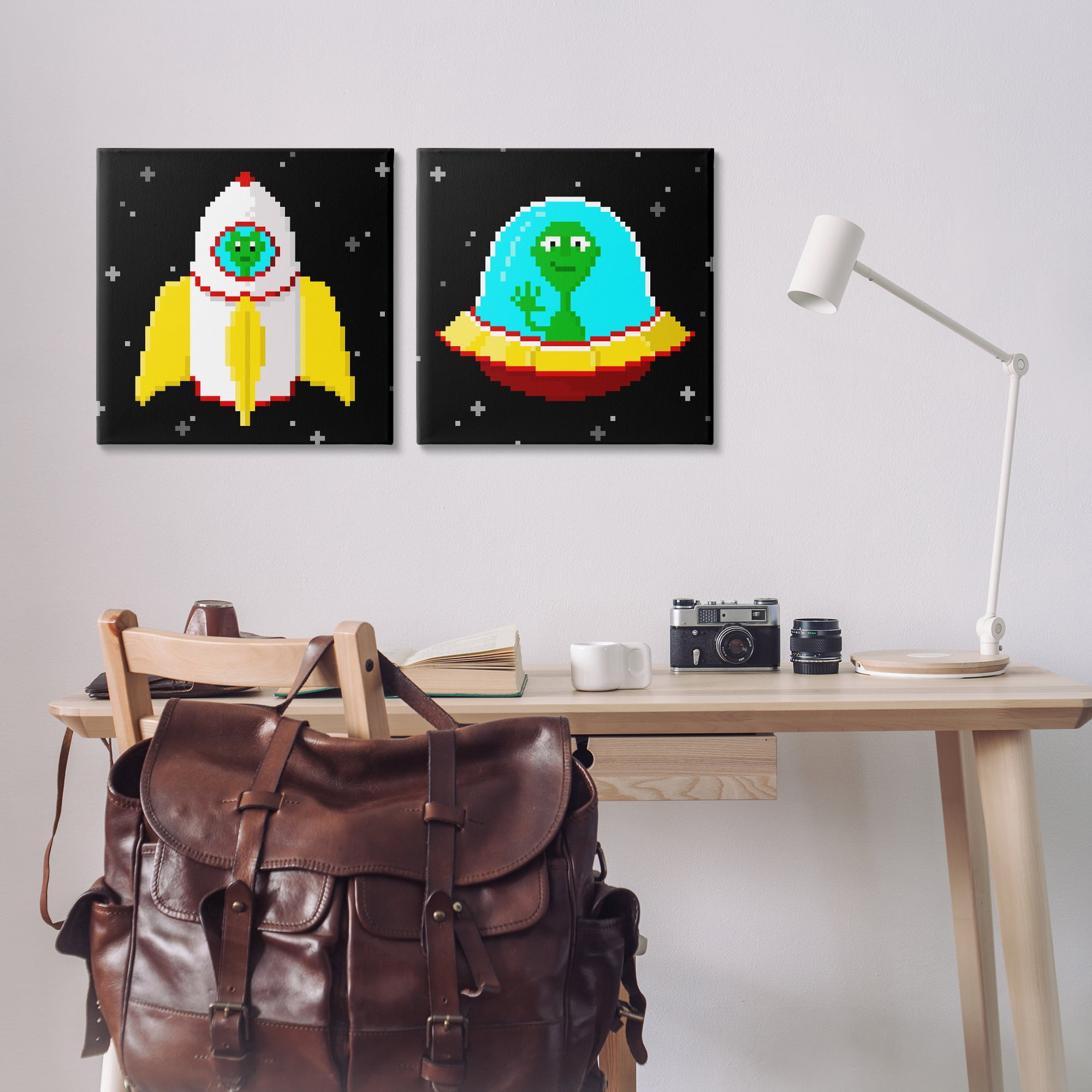 Stupell Industries Pixel Alien Spaceships Fantasy & Sci-Fi Painting Wrapped Canvas Art Print Wall Art, 17 x 17, Set of 2