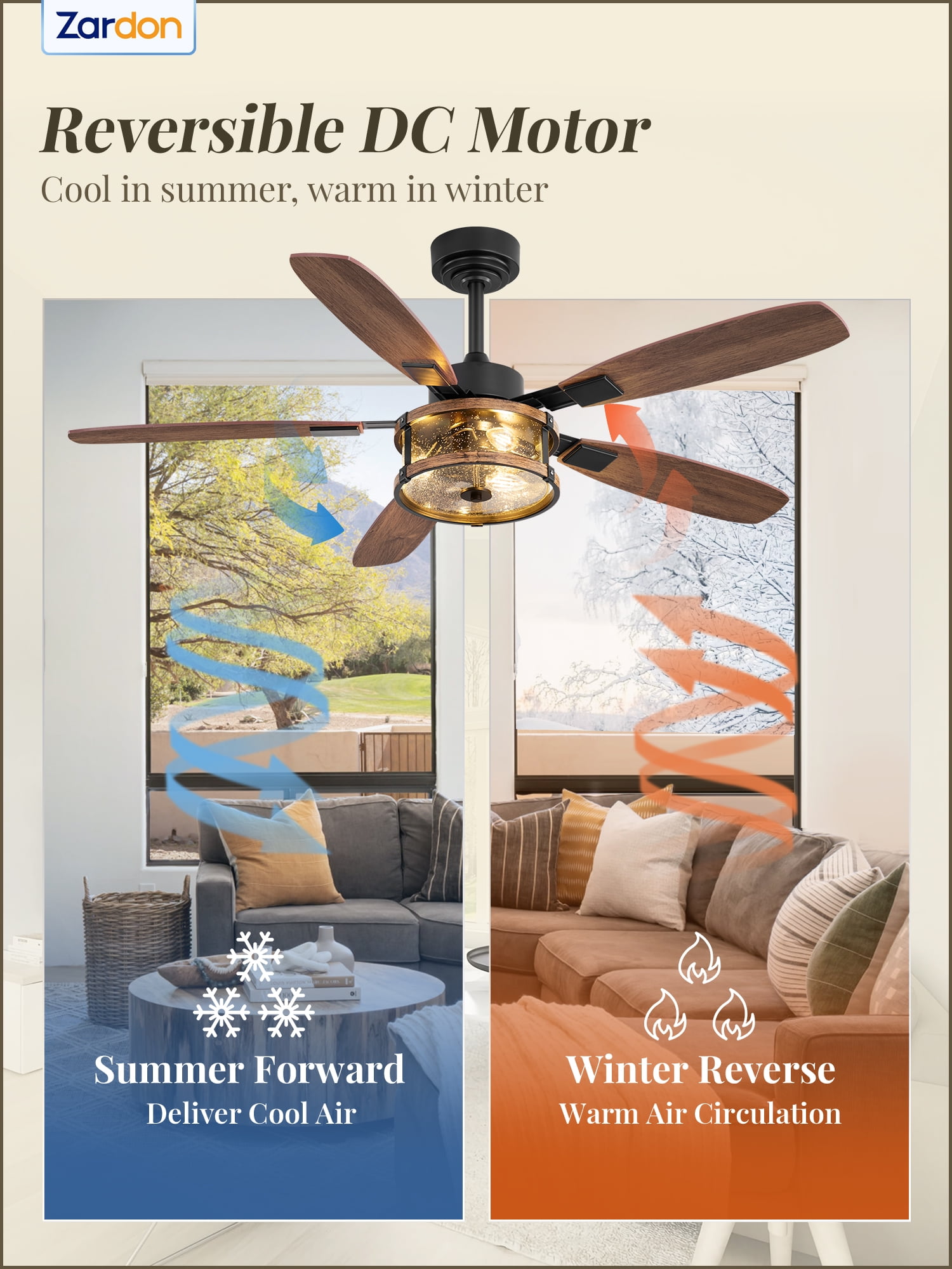 Zardon 52 Inch Farmhouse Ceiling Fan with Light and Remote Control, Quiet Reversible DC Motor, Clear Glass Shade, Dual-Finish Blades for Indoor