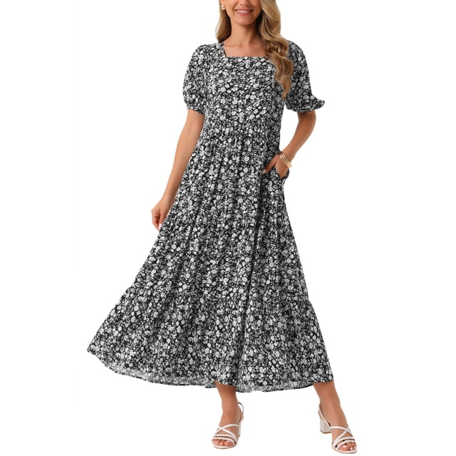 Vestido largo bohemio de verano con flores y mangas cortas, escote cuadrado, con bolsillos, color negro para mujer Inspire Chic