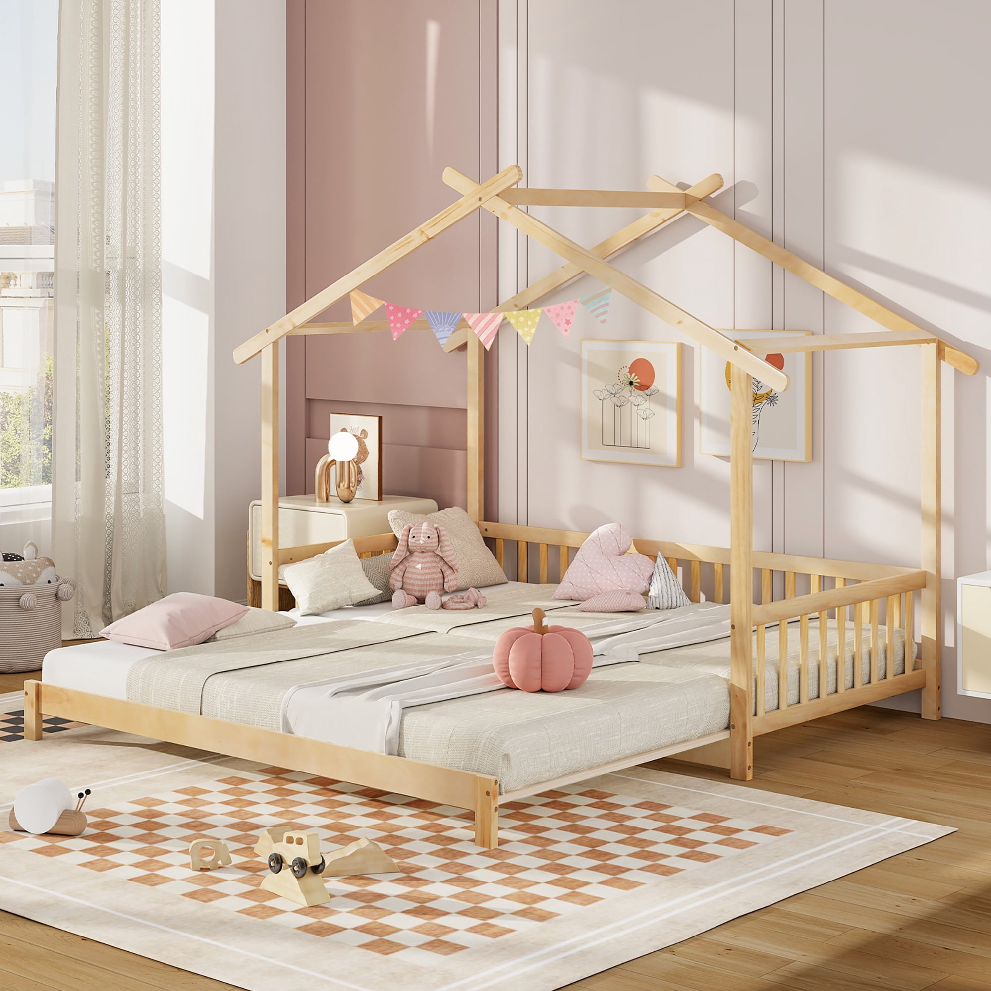 Gymax Wooden House Bed Twin to King Daybed w/ Safety Rails & Decorable Roof Natural