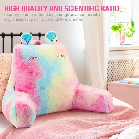 Rainbow Faux Fur Reading Bed Rest Pillow With Support Arms Memory Foam Perfect Back Cushion For Kids Girls Watching Tv Sitting Up In Pink Canada Bed Rest Pillow With Support Arms, Cushion With Arms