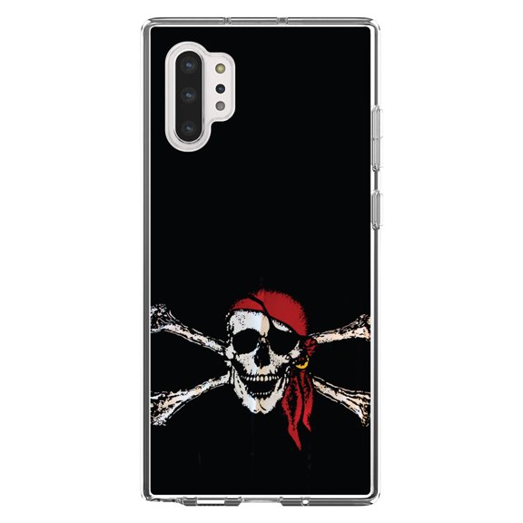 DistinctInk Clear Shockproof Hybrid Case for Galaxy Note 10 PLUS (6.8" Screen) - TPU Bumper, Acrylic Back, Tempered Glass Screen Protector - Black Red Pirate Flag