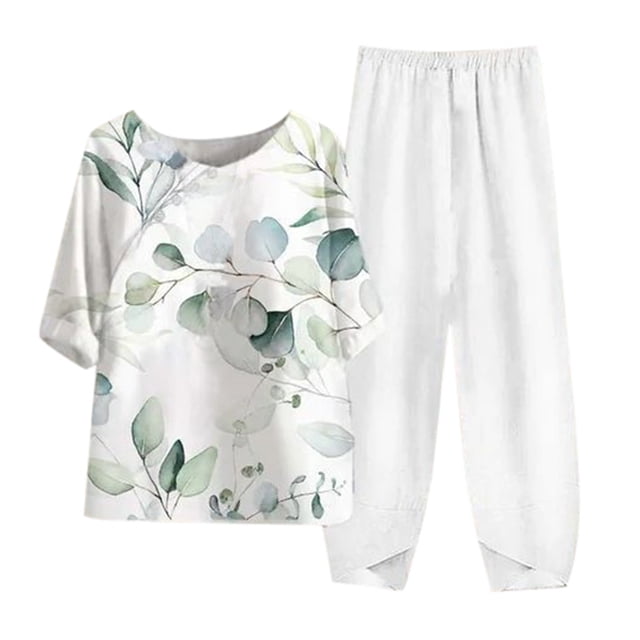 Fgnfyis Ensemble Décontracté Mode Deux Pièces pour Femmes, Col Rond, Manches Trois-Quarts, Simple Imprimé Floral à Rayures, Costume Pantalon Blanc_002 TG
