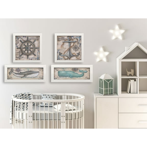 Gango Home Decor Retro Whales & Nautical Elements Coastal Wall Art; Four Gray 18x6, 12x12in Art Prints in White Frames