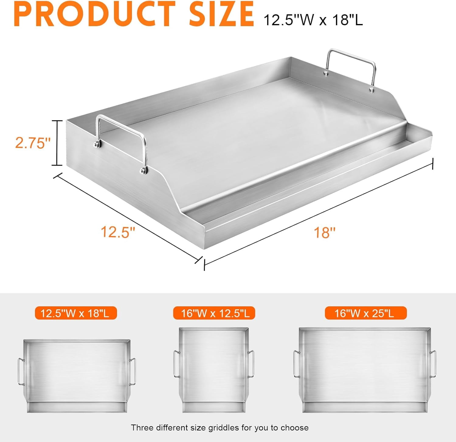 Stainless Steel Griddle for Gas Grills, Universal Flat Top Griddle for Gas Stoves, Camping Stoves, 18" x 12.5" Nonstick Cooking Griddle for Charcoal, Tailgating, Parties