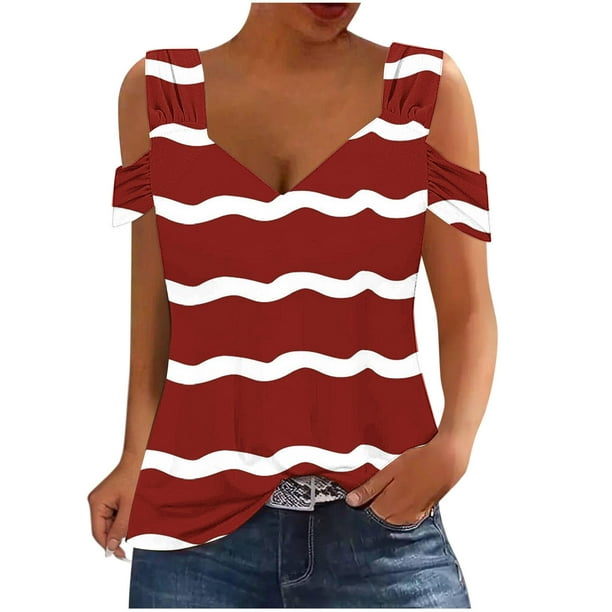 Camisas de Manga Corta para las Mujeres, Cuello en V Plegable de Impresión Del Hombro Top Casual Hecho de Poliéster Cómodo para el Verano, Tops de Bikini para las Mujeres