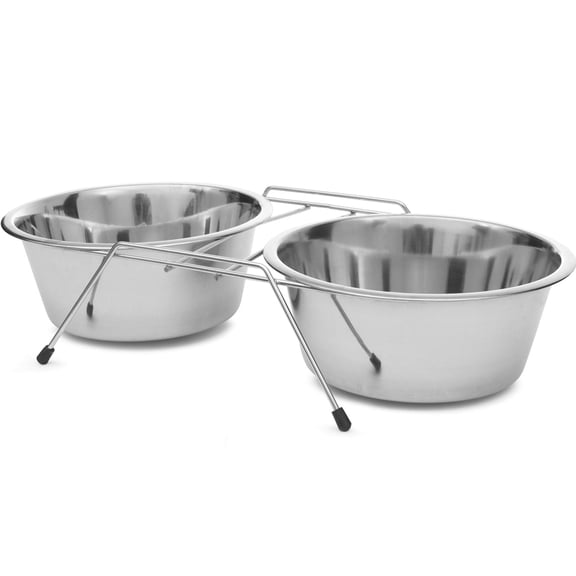 Jeffers Pet Low Profile Stainless Steel Double Diner Pet Bowls with Non-Skid Frame – Dog Bowls & Cat Bowls for Food, Water, Milk, Wet or Dry Pet Food, Puppy, Kitten Feeding Station Set - 64 oz