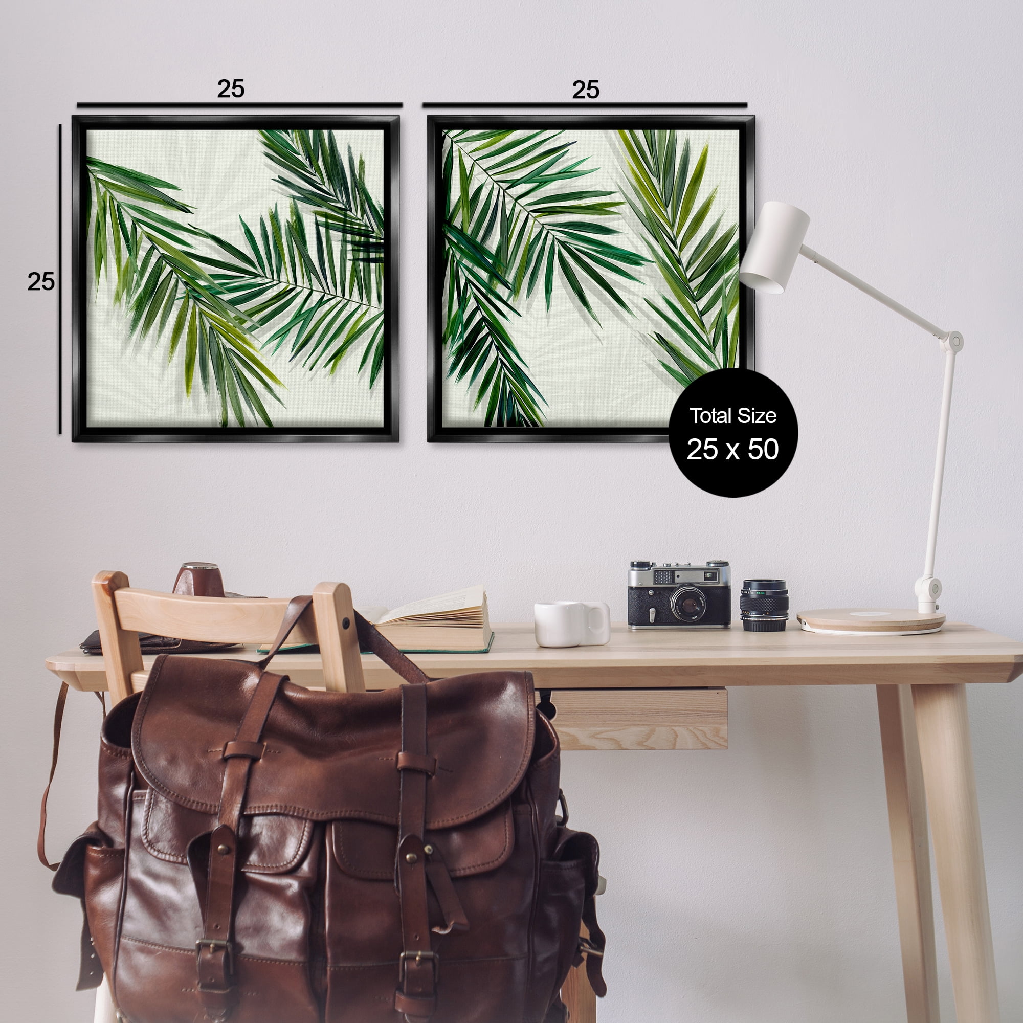 Stupell Industries Palm Fronds over Neutral Plants & Flowers Painting Black Floater Framed Canvas Art Print Wall Art, 25 x 25, Set of 2