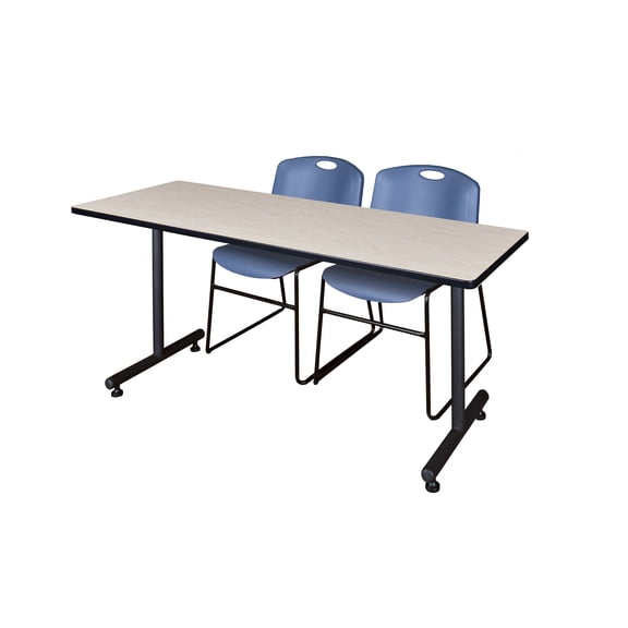 Romig Axis-Pro 72 x 30 in. T-Base Training Seminar Table- Maple, 2 Zeng Stack Chairs- Blue