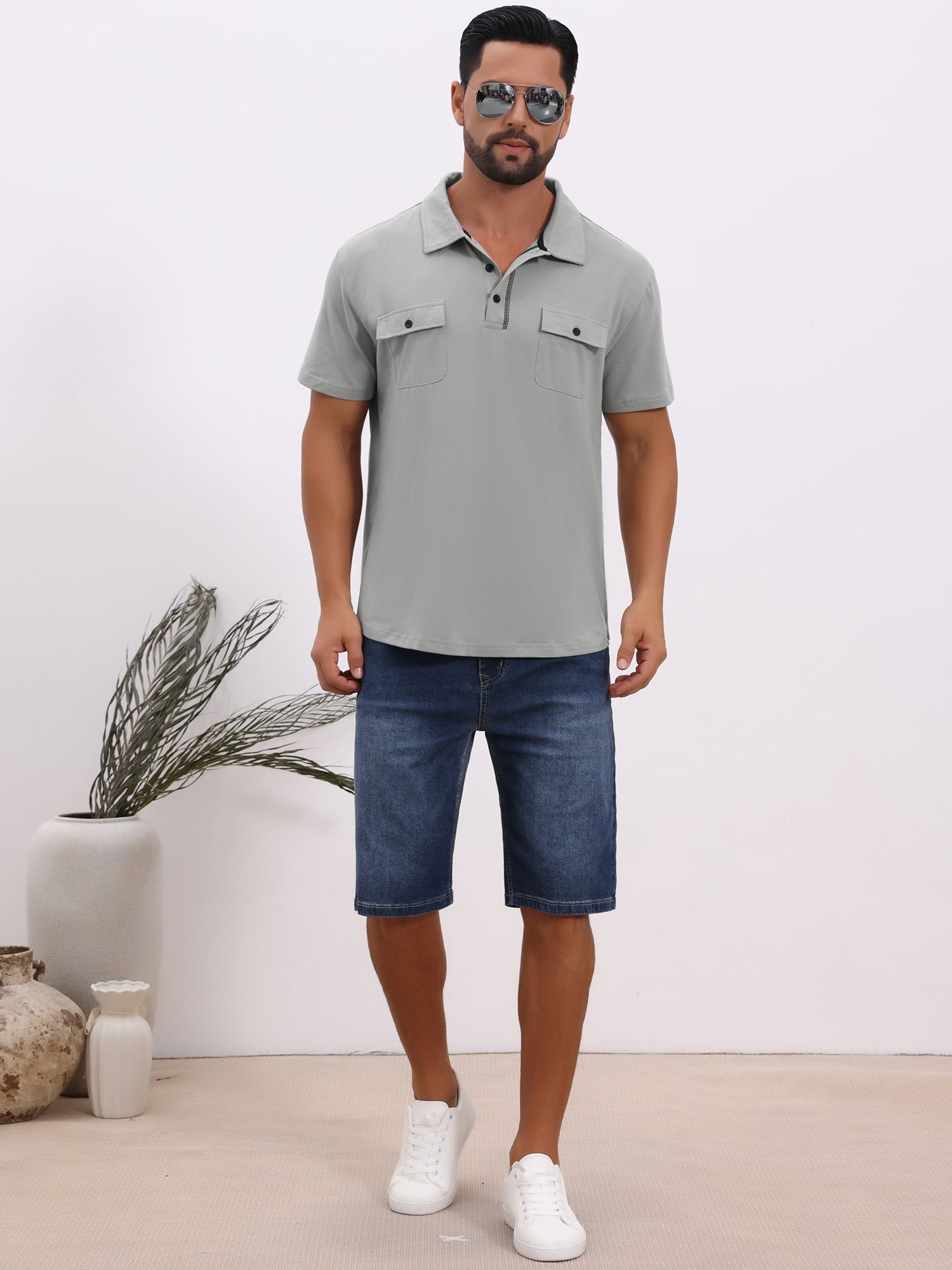 DARING DIVA Men's Collared Short Sleeve Double Chest Pockets Polo Shirt 2XL Light Gray