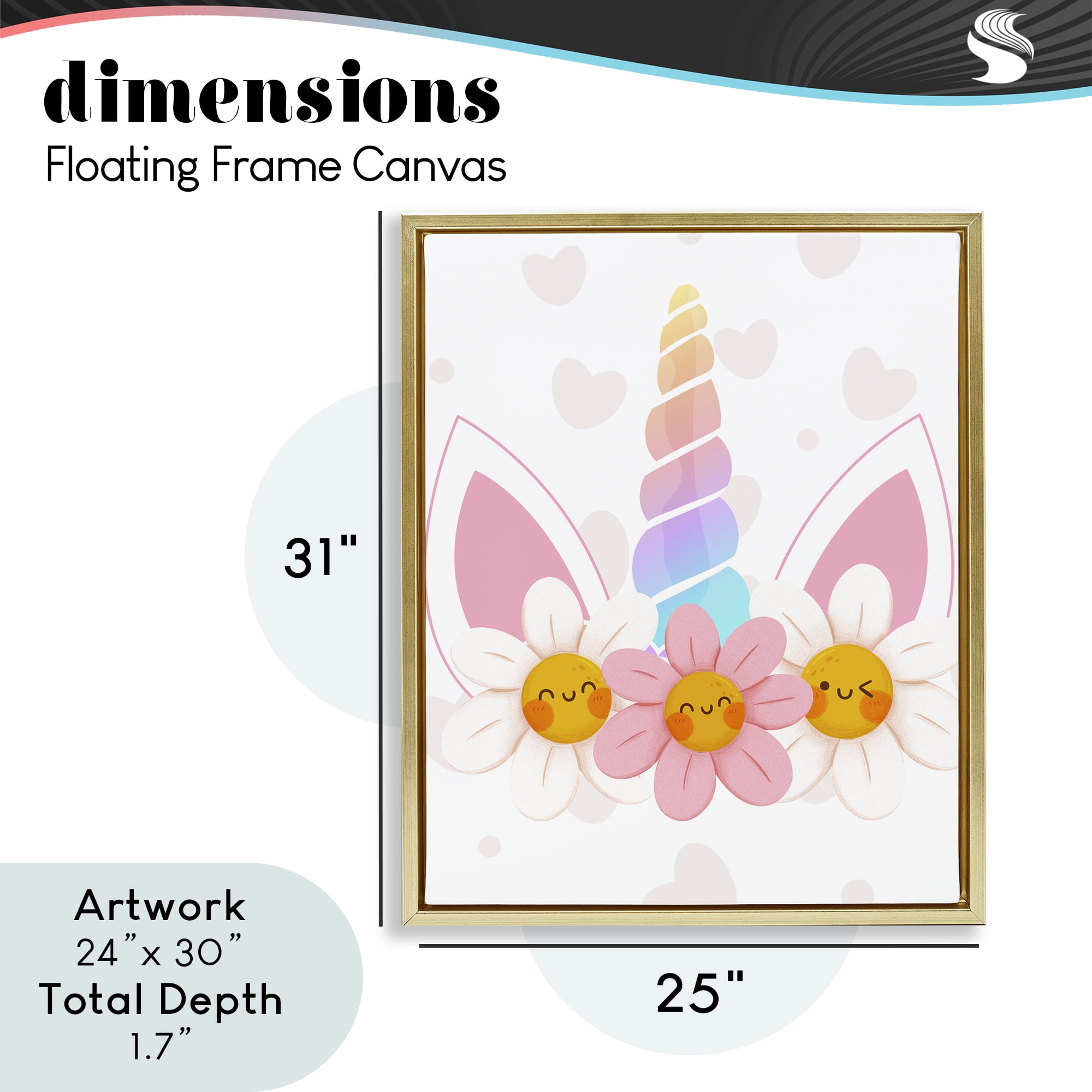 Daisy Unicorn with Hearts Gold Framed Floater Canvas Wall Art, design by Jesse Keith
