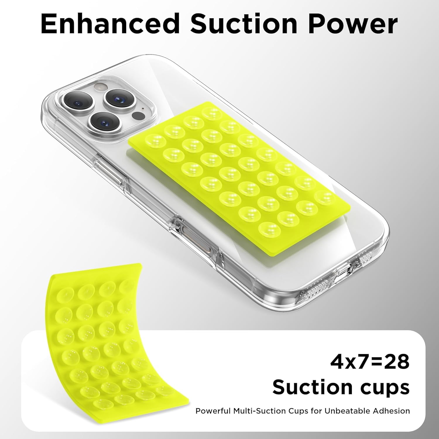 MKEUDQ-2 Pack Silicone Suction Cup Phone Case Mount Double-Sided, Hands-Free Strong Grip Holder for iPhone and Android, Sticky Phone Stand for Selfies and Videos, Neon Yellow+Transparent